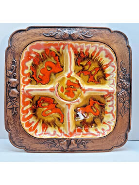 Compton Calif  1959 Treasure Craft Woodgrain Orange Divided Serving Platter